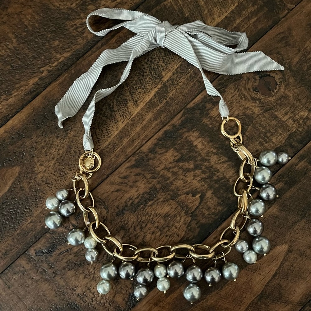J. Crew Large Faux Pearl Grey Ribbon Gold Tone Chain Necklace